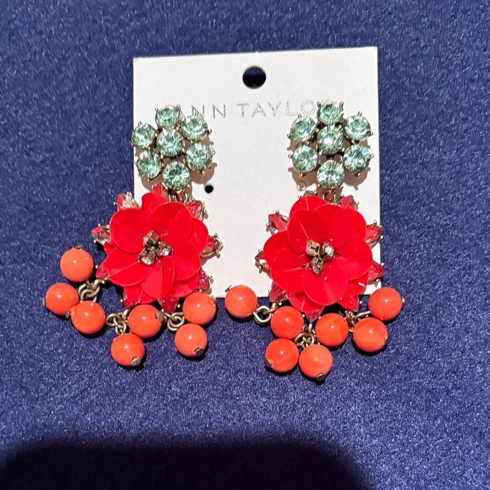 Ann Taylor Red Floral Drop Earrings with Mint Crystal Tops